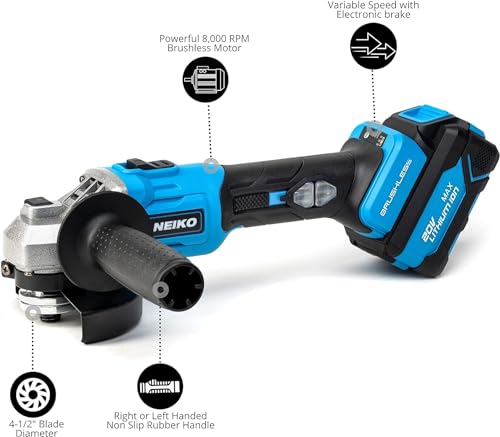 NEIKO 10881A Cordless Angle Grinder, 4 1/2-Inch Grinder with Variable Speed, 20V 4.0A Li-ion Rechargeable Battery, Powerful 8,000 rpm Brushless Motor, Grinders Power Tools, Cordless Grinder Tool - style: Brushless Angle Grinder