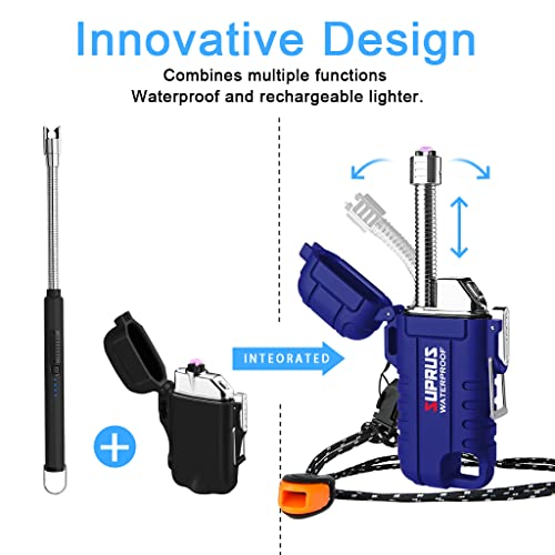 SUPRUS Waterproof Lighter Windproof Lighter Arc Plasma Lighters USB-C Rechargeable with Expandable and Flexible Neck for Outdoor, Camping & Kitchen (Blue) - color: Blue