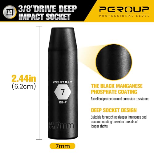 3/8” Drive Deep Impact Socket, Metric(7mm socket), 6-Point, Cr-V Steel With Black Manganese Phosphate Coating - size: 7 mm