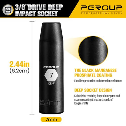 3/8” Drive Deep Impact Socket, Metric(7mm socket), 6-Point, Cr-V Steel With Black Manganese Phosphate Coating - size: 7 mm