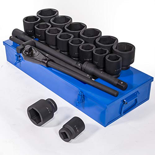 Stark USA 21-Piece 1" Drive SAE Jumbo Impact Socket Set, Heavy Duty Cr-Mo 6-Point Deep Impact Sockets with 24" Ratchet, Extension Bars, Sliding T-Handle & Storage Case - style: 21pcs SAE Impact Socket Set (1-5/8'' to 3-1/8'')