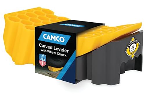 Camco Curved Camper/RV Leveler & Wheel Chock - Features Heavy Duty Honeycomb Design & Includes Non-Slip Rubber Grippers on Wheel Chock - Compatible w/Trailers Up to 30,000 lbs - 1-Pack (44423) | Honeycomb leveler with non-slip grippers; compatible with tr
