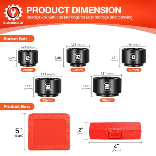 BLACKROBOT 5 Pieces 3/8” Drive Low Profile Oil Filter Socket Set, Metric Size 24mm, 27mm, 29mm, 32mm, 36mm, Chrome Vanadium Steel, 6 Point Design, Oil Filter Cap Remover and Installer Tool Set - size: 24mm-36mm