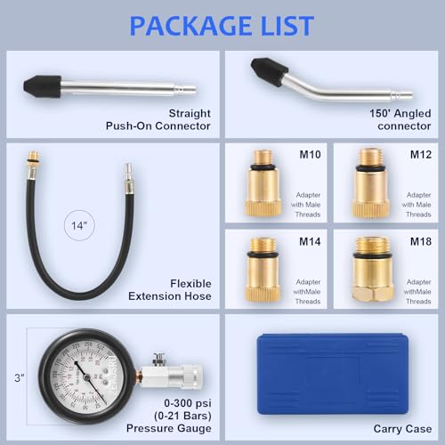 Engine Compression Tester Kit 8PCS, 0-300 PSI Cylinder Pressure Test Tool for Gasoline Engines on Cars, Motorcycles, ATVs & Small Engines with Dual Scale Gauge and Adapters (Blue-8PC)