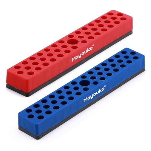 Mayouko 1/4" Magnetic Hex Bit Holder Rack Organizer, 43 Holes, 1/4-Inch Drill Bit Holder, Red&Blue, 2 Racks, Magnetic Bit Holder with Magnet Base for Screwdriver Bits - color: Red,blue