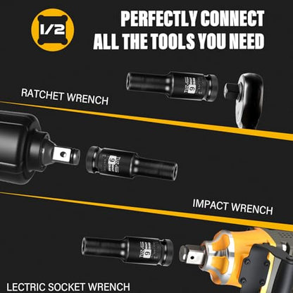 1/2 Inch Drive 9mm Deep Metric 6 Point CR-MO Impact Socket | Radius Corner Design,Square Chamfered Opening,Axle Nut Impact Grade Socket for Easy Removal - size: 1/2” Drive 9mm Deep, style: 1/2" Drive Deep Socket
