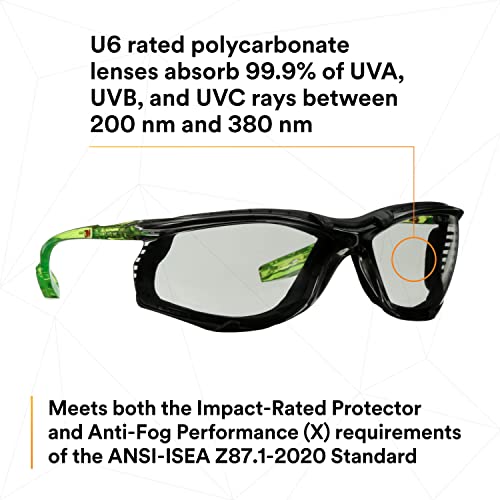 3M Safety Glasses Scotchgard Anti-Fog Coating - color: Gray I/O Lens, Green/Black Frame With Foam Gasket, size: One size fits most