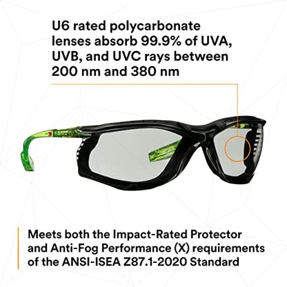 3M Safety Glasses Scotchgard Anti-Fog Coating - color: Gray I/O Lens, Green/Black Frame With Foam Gasket, size: One size fits most