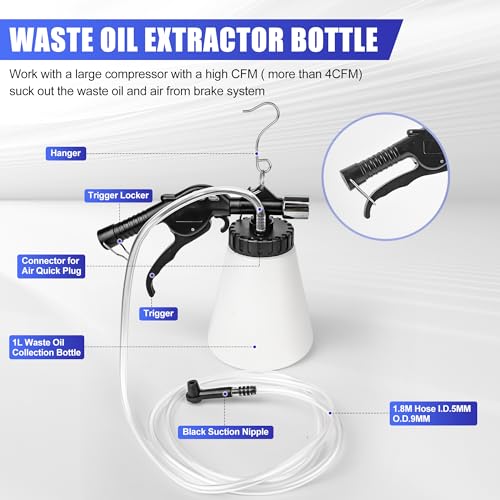 1L Capacity Pneumatic Brake Fluid Bleeder Extractor Tool Vacuum Brake Bleeder Kit Change Set with Adapters, Plugs and Hose | Apply to Car, Truck, Motorcycle, 90-120PSI