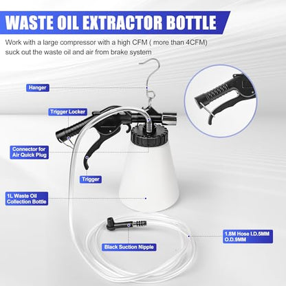 1L Capacity Pneumatic Brake Fluid Bleeder Extractor Tool Vacuum Brake Bleeder Kit Change Set with Adapters, Plugs and Hose | Apply to Car, Truck, Motorcycle, 90-120PSI