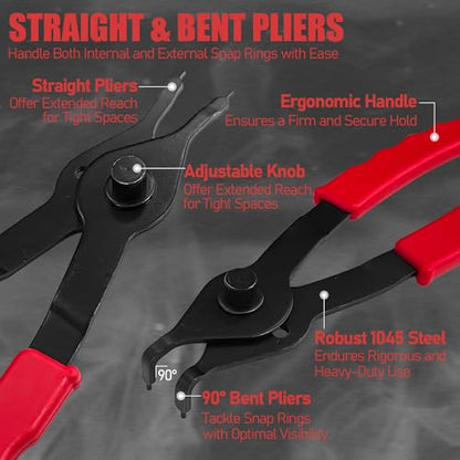10Pcs Snap Ring Pliers Set with Case, Internal External Circlip Pliers Set with Hook & Pick, Retaining Snap Ring and Circlip Removal Tools for Car Motorcycle Lawnmower