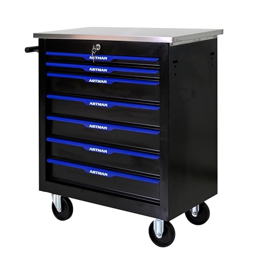 7 Drawers Tool Cart on Wheels with Stainless Steel Worktop, Heavy Duty Mobile Rolling Drawer Tool Chest with Secure Locking System & Locking Wheels for Warehouse,Workshop,Garage (Black&Blue) - color: Black&Blue, size: 7 Drawers 25.9"W x 13.6"D x 30.7"H
