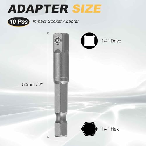 HARFINGTON 10pcs Impact Socket Adapter 1/4" Square Drive 1/4" Hex Shank 2" Long Extension Bit for Axle Nut Driver Drill Socket Sets - size: 1/4" x 2"