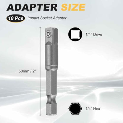 HARFINGTON 10pcs Impact Socket Adapter 1/4" Square Drive 1/4" Hex Shank 2" Long Extension Bit for Axle Nut Driver Drill Socket Sets - size: 1/4" x 2"