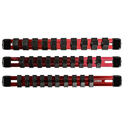 ARES 60079 Red Socket Rail | Part No. 60079; Includes 1/4-Inch, 3/8-Inch, and 1/2-Inch Drive Rails - color: Red, size: 9.84" Aluminum Socket Rail Set