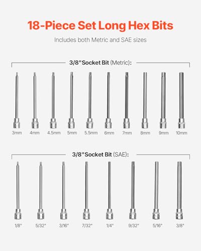 VEVOR Extra Long Allen Hex Bit Socket Set, 18-Piece 3/8 inch Drive, S2 Alloy Steel and Cr-V Steel, Standard SAE and Metric 1/8-Inch-3/8-Inch, 3-12mm, with Enhanced Storage Case, for Mechanics - style: 18 PCS Hex
