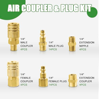 Air Coupler & Plug Kit,45 Pcs 1/4" NPT Air Tool Fittings Set,Quick Connect Air Hose Fittings Air Compressor Accessories