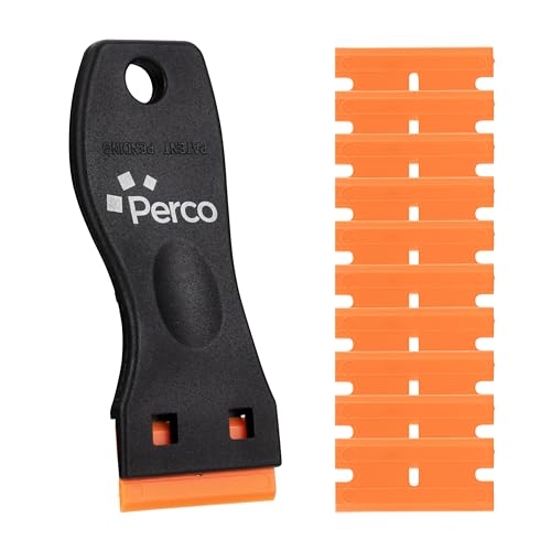 Perco Plastic Razor Blade Scraper with 10 Extra Plastic Blades – No-Scratch Adhesive & Sticker Remover Tool for Labels, Decals & Glue Residue – Safe Scraper for Glass, Windows & Car Surfaces - size: Scraper