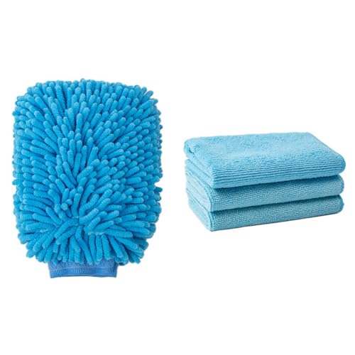 Microfiber Cleaning Cloths Car Wash Mitt and Towel Set - Super Absorbent Scratch-Free Cleaning Cloths & Glove for Auto Detailing Interior and Exterior Care - color: Blue