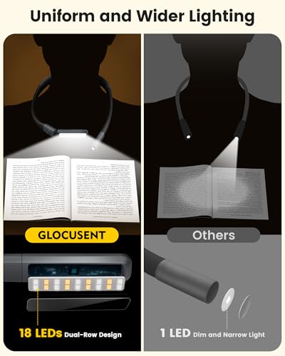 Glocusent Bendable Neck Light, 100 Hours Reading Light for Book Lover Gifts | Hands-Free, Knitting, Crafting, Repairing, 5-Color, Stepless Dimming, Ergonomic, Rechargeable, Eye Care, Sleep Aid, Traveling - color: Gray