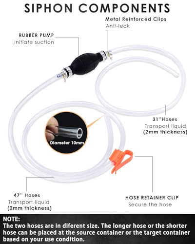KATUMO Siphon Hose for Gas Oil Water, Fuel Transfer Pump, Hand Fuel Pump | Multi-Purpose Manual Siphon Pump, Easy Operation for Liquid Flow, Lightweight Only 171g, Adjustable Retainer - color: White