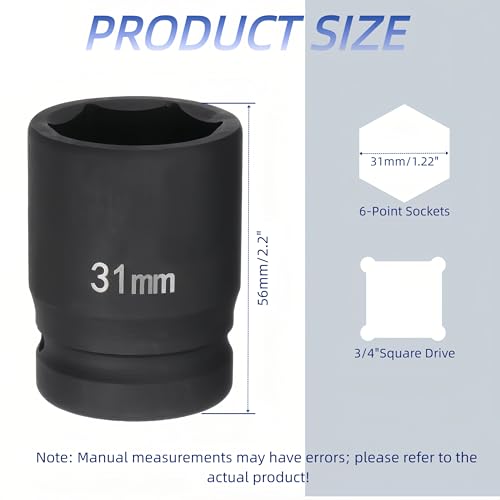 3/4"Drive x 31mm Metric, 6-Point Deep Impact Socket, Axle Nut Impact Socket | 40CR Alloy Steel,Clear labeling, Common Tools for Car Repair/Mechanical Work/Construction/Carpentry and Home Maintenance - size: 31mm