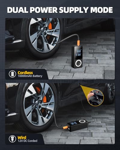 Cordless Tire Inflator Portable Air Compressor, Smart Air Pump for Car Tire with Digital Pressure Gauge, LED Light, 12V Car Power Adapter, Storage Box, 4 Valve