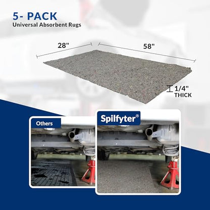 Spilfyter Garage Floor Mat 28" x 58" Universal Shop, Mechanic and Garage Oil Spill Mat with Non-Slip Poly Backing, Absorbs Coolants, Solvents, Water, and Other Liquids - Pack of 5
