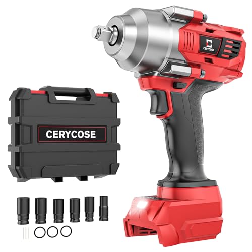 Cerycose Cordless impact Wrench 1/2 inch Compatible with Milwaukee 18v Battery, 750FT-LBS (1000N.m) Brushless Electric Impact Gun with LED Work Light & 6 Sockets, High Torque Impact Driver, Bare Tool - color: Red (750 Ft-lbs Socket Kit)