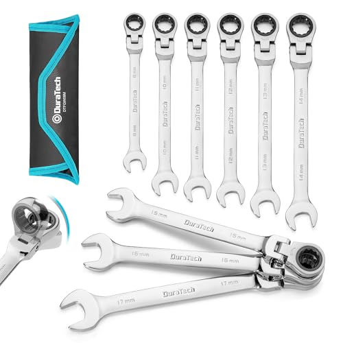 DURATECH 9-Piece Flex-Head Ratcheting Wrench Set, Metric | Combination Wrench, 72 Tooth, 8mm, 10mm, 11mm, 12mm, 13mm, 14mm, 15mm, 16mm, 17mm, CR-V Steel, Rolling Pouch Included - color: Silver, size: 8-17mm