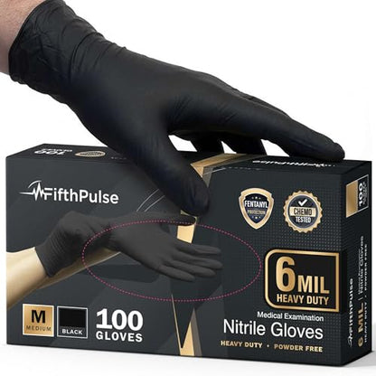 FifthPulse 6 Mil Black Nitrile Gloves, Heavy Duty Mechanic and Food Grade Glove - Powder-Free, Latex-Free Medical Exam Gloves - style: Medium