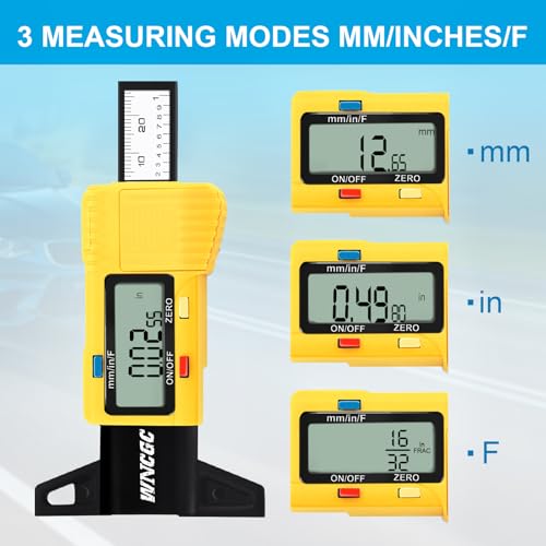 Tire Tread Depth Gauge, 3 Modes Digital Tire Depth Gauge-Fractional Inch, Decimal Inch and Millimeter for Motorcycles, Cars, Trucks, Vans, SUV - Yellow