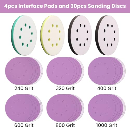 5 Inch 8 Hole Hook and Loop Interface Pads and Sanding Discs | 4PCS Orbital Sander Foam Pads & 30PCS Sandpaper,Soft Density Sponge Cushion Buffer Backing Pad,240 320 400 600 800 1000 Grit - color: 4PC Pads & 30PC Sanding Discs