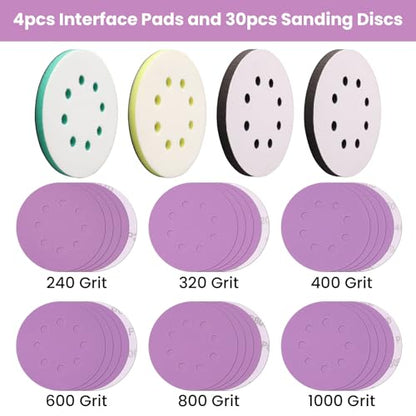5 Inch 8 Hole Hook and Loop Interface Pads and Sanding Discs | 4PCS Orbital Sander Foam Pads & 30PCS Sandpaper,Soft Density Sponge Cushion Buffer Backing Pad,240 320 400 600 800 1000 Grit - color: 4PC Pads & 30PC Sanding Discs