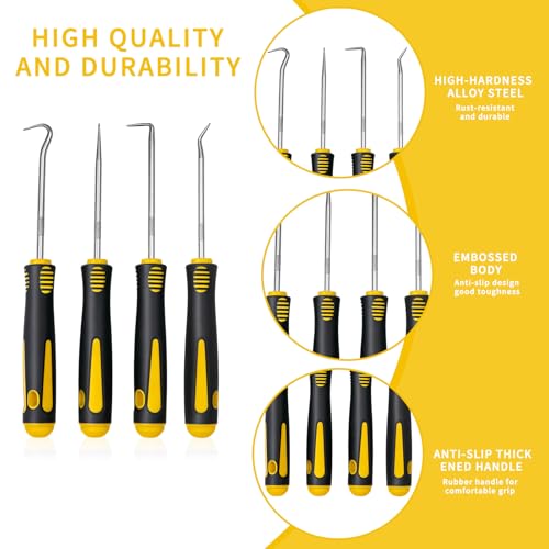 4-Piece Precision Hook and Pick Set - Automotive O-Ring Remover & Oil Seal Puller Tool Kit, Mechanic Hand Tools for Gaskets, Springs & Wires, 6.5 Inch Heat-Treated Shafts with Ergonomic Grip(Yellow) - color: Yellow