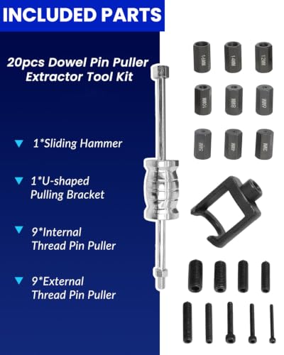 DPTOOL 20pcs Dowel Pin Puller Extractor Tool Kit Internal and External Thread Pin Removal Puller Tool Set Slide Hammer Bearing Puller Set with 3-16mm Internal External Collets Adapters