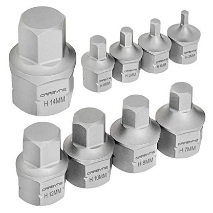 CARBYNE 9-Piece Metric Stubby Low Profile Hex (Allen) Bit Socket Set, 3mm to 14mm, S2 Steel, Super Short Allen Sockets, Dual Drive Internal Square and External Hex for Tight Confined Spaces - size: Metric Hex