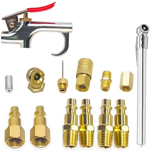 Air Blow Gun Accessory Kit, 14 Piece Air Compressor Tools Kit, with 1/4" NPT Quick Connect Coupler & Plug/Tire Air Chucks/Tire Gauge/Air Nozzles/Air Hose Fittings, Pneumatic Tools Set