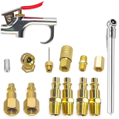 Air Blow Gun Accessory Kit, 14 Piece Air Compressor Tools Kit, with 1/4" NPT Quick Connect Coupler & Plug/Tire Air Chucks/Tire Gauge/Air Nozzles/Air Hose Fittings, Pneumatic Tools Set