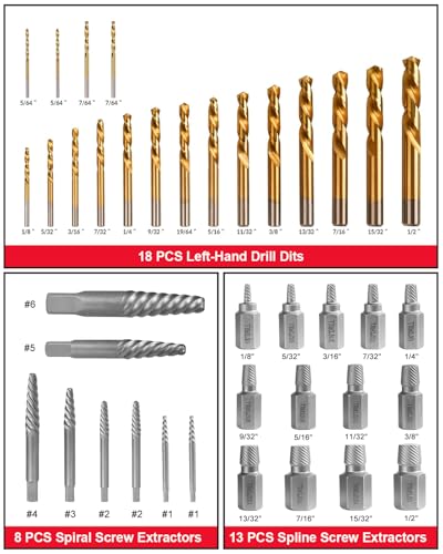 Kolvoii 67-Piece Broken Bolt Extractor Kit & Easy Out Screw Extractor Set | Left hand drill bit set, extractor sockets and lug nut remover set tackle stripped bolts, broken screws and rounded nuts - size: 67 PCS