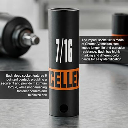 11 Piece 1/4-Inch Drive Impact Socket Set, 5/32" - 9/16" Deep Sockets, 6 Point SAE Sockets for Automotive Repair, Equipment Maintenance - size: 1/4 Inch SAE Deep