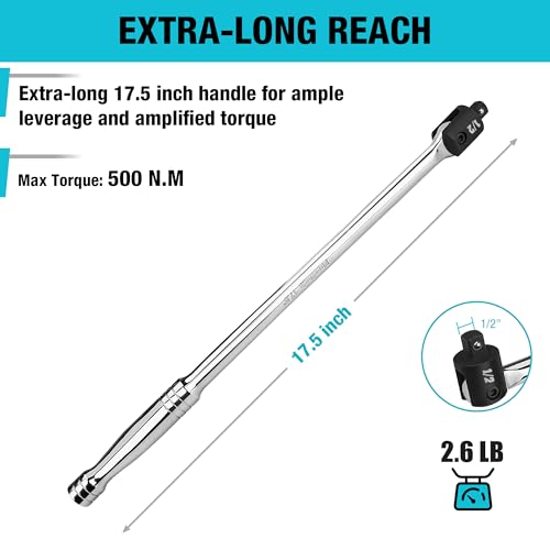 DURATECH 1/2" Drive 17.5-Inch Heavy Duty Breaker Bar with 240° Flex Head | Spring-loaded Detent Ball, Premium Chrome Alloy Made, Ideal for Industrial, Construction, and Mechanic Tasks - color: Silver, size: 17.5 in
