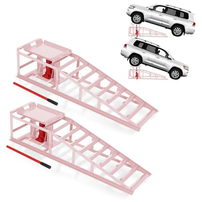 Heavy Duty Hydraulic Car Ramps 2 Pack, 5T/11000 Lbs Low Profile Adjustable Steel Lift Ramps for Trucks, SUVs & Low Cars, 9.4"–13.3" Height, Oil Changes, Garage Repairs & Maintenance – Pink - color: Pink