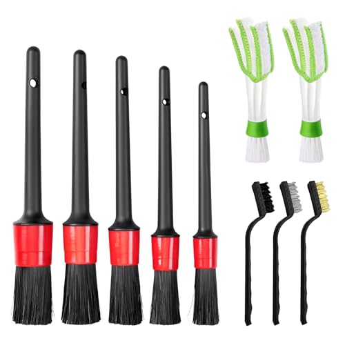 10 PCS Car Detailing Brush Set, Auto Cleaning Kit with Boar Hair & Steel Wire Brushes, A/C Duster, Car Interior Exterior Detailing Kit for Dashboard Engines Leather Wheel