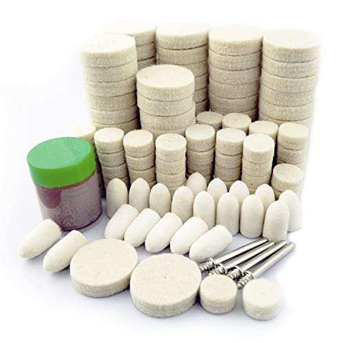 Merryland Flet Polishing Wheel for Dremel 145pcs, Polishing Pad Buffing Wheel Cone 140pcs Polishing Compound Paste 1pcs and Mandrel 4pcs, Rotary Tool Accessory Set Electric Power Tool DIY, RMTA145C1 - style: 1" , 1/2", Bullet Felt Wheel 145pcs