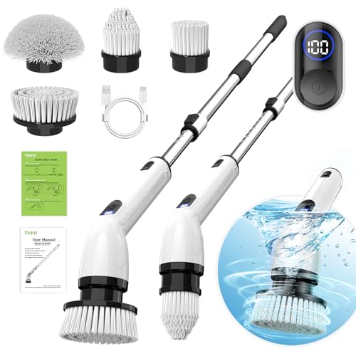 TUYU Electric Spin Scrubber, Full-Body IPX7 Waterproof Bathroom Scrubber with Power LCD Display, Adjustable Extension Handle, Cordless Shower Cleaner Brush for Bathtub Kitchen Wall Cleaning - color: Black
