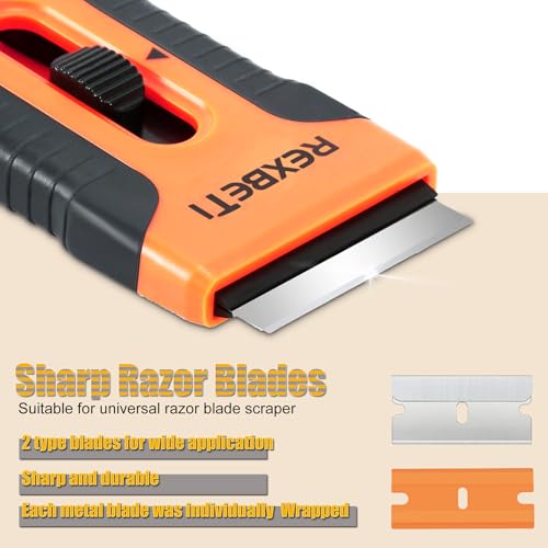 REXBETI Razor Blade Scraper Tool, 4 Pack Razor Scraper Set with Extra 120Pcs Razor Blades- 40Pcs Metal and 80Pcs Plastic Blades, Cleaning Scraper Tool, Cooktop Scraper, Paint Scraper, Glass Scraper - style: Original 4 Pack