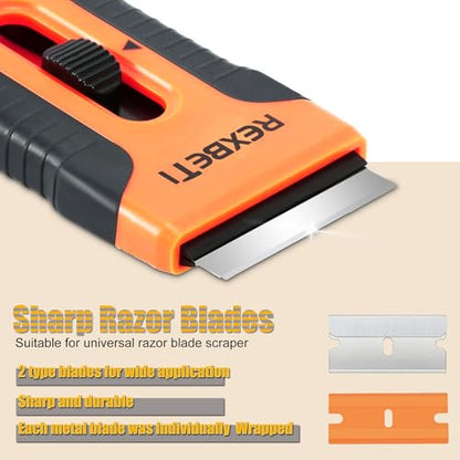 REXBETI Razor Blade Scraper Tool, 8 Pack Razor Scraper Set with Extra 240Pcs Razor Blades- 80Pcs Metal and 160Pcs Plastic Blades, Cleaning Scraper Tool, Cooktop Scraper, Paint Scraper, Glass Scraper - style: Original 8 Pack