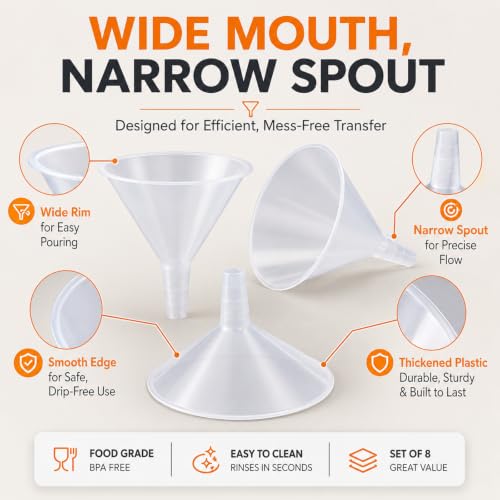 CYEAH 8 Pcs Plastic Funnels, 6 Inch Wide Mouth Large Funnel, Clear Plastic Filter Funnel Liquid Transfer Funnels for Filling Bottles, Liquid, Spices, Powder, Lotion, Oils