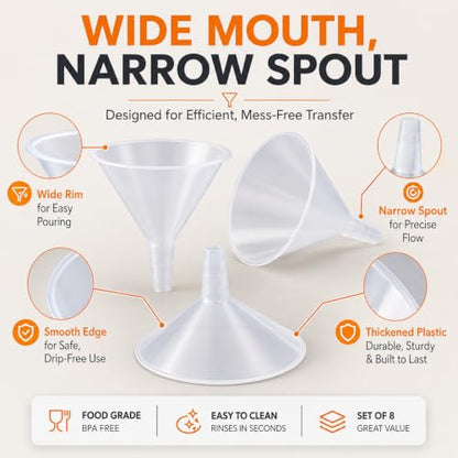 CYEAH 8 Pcs Plastic Funnels, 6 Inch Wide Mouth Large Funnel, Clear Plastic Filter Funnel Liquid Transfer Funnels for Filling Bottles, Liquid, Spices, Powder, Lotion, Oils